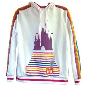 Disney Parks Woman’s White Hoodie Purple Castle Rainbow Stripes Disney World